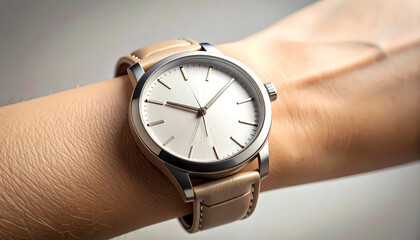 Elegant Minimalist Silver Wristwatch with Tan Leather Strap on Arm