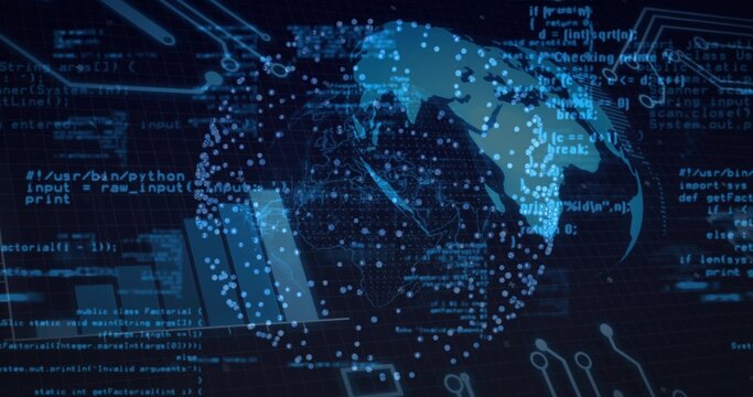 Rendering digital globe on dark grid mesh interface, with data nodes, Python and Java code snippets