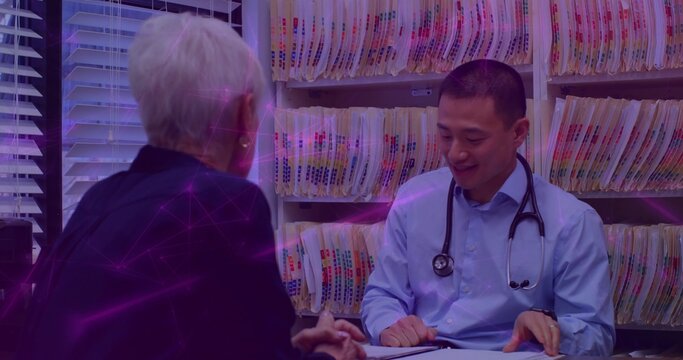 Doctor in shirt with stethoscope reviewing patient file speaking in office near shelves, copy space