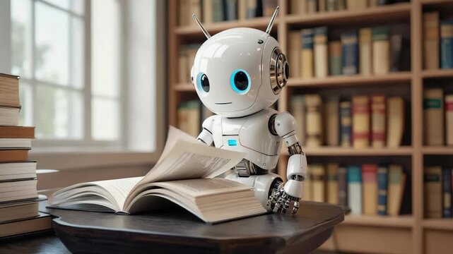 humanoid robot teacher reading book in library. 