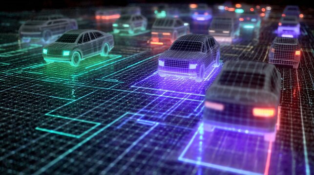 Futuristic wireframe cars navigate a vibrant digital grid, symbolizing advanced technology and autonomous driving innovation - Powered by Adobe