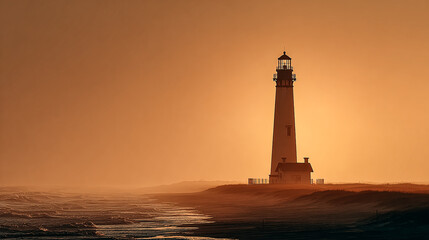 Lighthouse stands silhouetted at sunset on beach. Calm ocean waves, golden light, peaceful scene. For travel, inspirational, or design use.