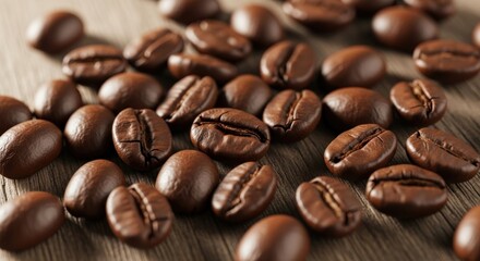 Naklejka premium Close up of roasted coffee beans scattered on a wooden surface.