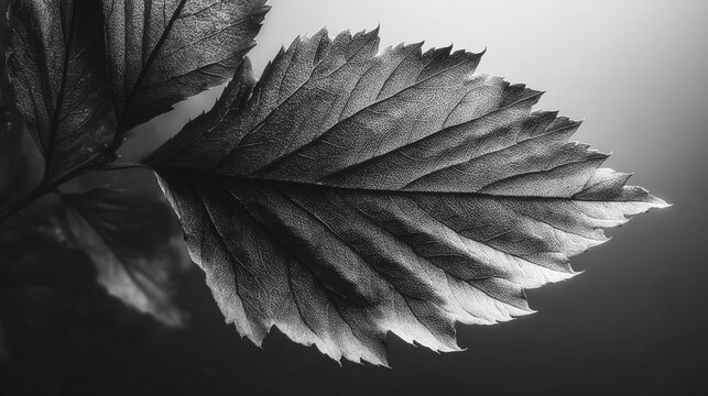 Leaf macro shows detailed texture. Monochrome botanical shot. Design asset, nature concept, for web, marketing.