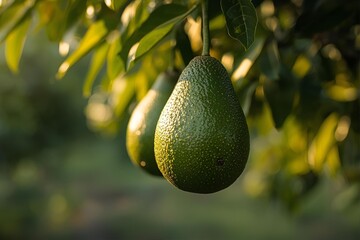 Fresh Green Avocados Hanging on Tree Branch in Natural Sunlight 
