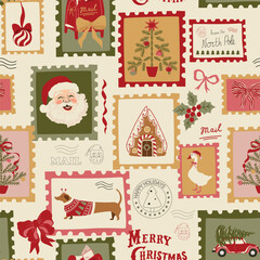 Vintage Christmas stamps, letters, mailbox, bows seamless pattern. Vector hand drawn retro winter holiday elements. Cozy Xmas wallpaper, wrap paper, textile design, repeat background. New Year print.