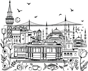 Istanbul Cityscape Silhouette Vector Featuring Galata Tower, Hagia Sophia, Blue Mosque, Tram, Tulips, and Tea in Line Art