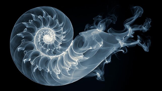 Translucent spiral shell in X-ray style, made of flowing smoke and light, forming elegant nautilus curves that radiate softly in dark background &mdash; abstract marine art in ultra high detail.