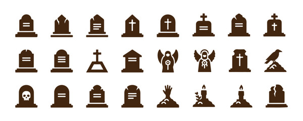 Gravestone, a set of grave icons. Collection of tombstone symbols. Vector icons