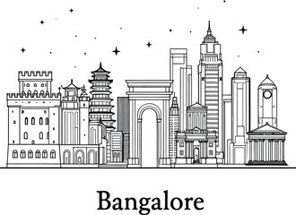 Bangalore Skyline Silhouette Vector Featuring Traditional, Modern, and Classical Architecture with City Name in Line Art Style