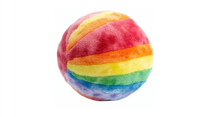 A round plush ball with a soft fluffy texture and rainbow colors, isolated on a clean white background, makes for a ready stock photo
