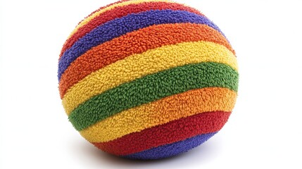 Isolated on a clean white background is a round plush ball that boasts a rainbow of colors and a fuzzy texture, ideal for use as stock content