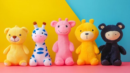 A row of soft animal shaped plush toys is arranged in a playful kids room with a vibrant background