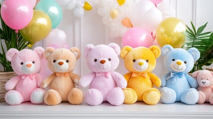 Soft plush toys in animal shapes are arranged in a row against a vibrant and playful kids room background