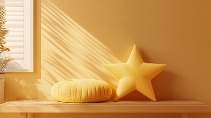 The wooden bench in the modern interior features a star-shaped plush cushion with a velvet texture, bathed in warm natural lighting