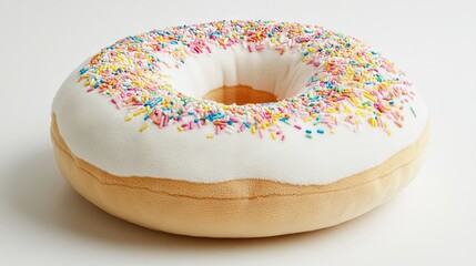 The image features a close-up of velvet plush donut pillow sprinkles against a clean white studio background in photorealistic detail