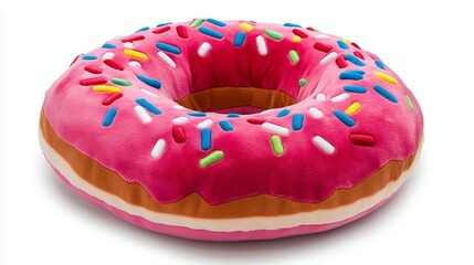Velvet plush donut pillow sprinkles are showcased in a photorealistic close-up on a clean white background in a studio setting