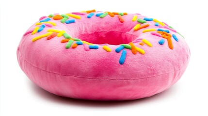 A clean white studio background provides the setting for a photorealistic close-up of sprinkles on a velvet plush donut pillow