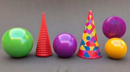 Art projects featuring plush geometric shapes, including a cube, cone, and sphere, are set against a background in still life photography