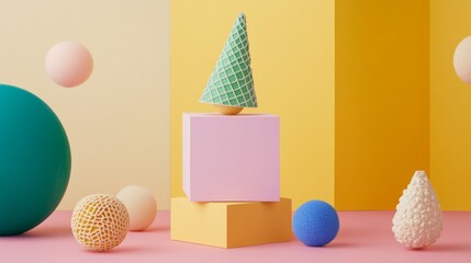 Plush still life photography incorporates cube, cone, and sphere design elements on a background to create unique art projects