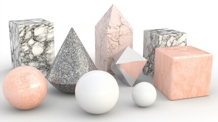 The minimalist aesthetic of a studio shot is captured in a 3D render art background featuring plush, pastel-colored geometric shapes, including a cube, sphere, and cone