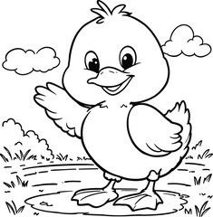 Cartoon Duckling Silhouette Vector Featuring Smiling Pose, Waving Wing, Clouds, Grass, and Bushes in Playful Line Art