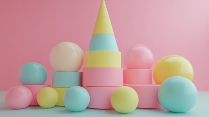 Pastel colors and plush textures define the geometric shapes of a cube, sphere, and cone in a minimalist composition, as seen in this studio shot of a 3D render art background