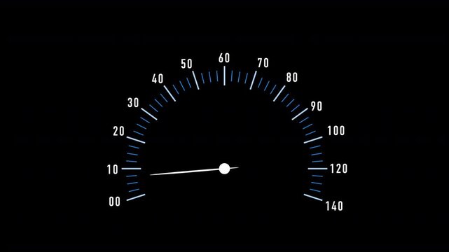 Car speedometer rising from 0 - 140 mph or kph units not specified to a very high speed dashboard automotive or vehicle gauge with fluctuating acceleration and deceleration during revs 4K animation
