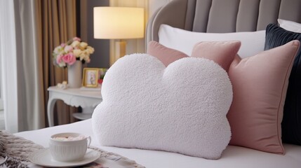 A decorative throw pillow in the shape of a cloud, with a plush and fluffy texture, is used in kids' room decor and nursery decor, and is shown on a background to add visual appeal