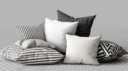 Decorative pillows stacked plushly in shades of black, white, and gray create a comfortable and soft bedding arrangement for home goods and interior design set against a background