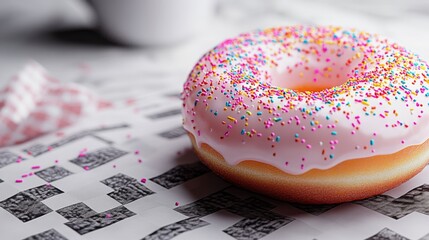 Dessert food photography features a close-up shot on a background of a plush delicious donut, specifically a pink frosted doughnut with sprinkles, from a bakery as a sweet treat