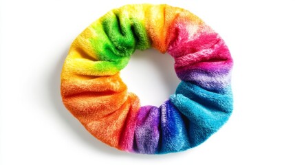 Colorful hair tie scrunchies made from soft and fluffy materials with elastic properties can be bought online as fashionable hair accessories for girls and women to wear on a background
