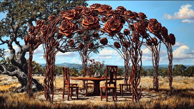 Outdoor dining scene with rose shaped metal arbor and table setting
