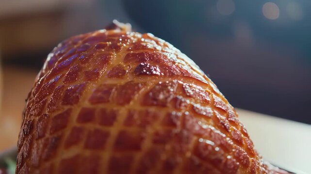 Close-up of glazed ham with a diamond pattern, reflecting light. Bokeh backdrop
