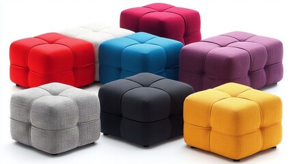 A colorful cube ottoman with a soft and plush design is part of a modern seating arrangement featuring vibrant colors and stackable furniture for home decor