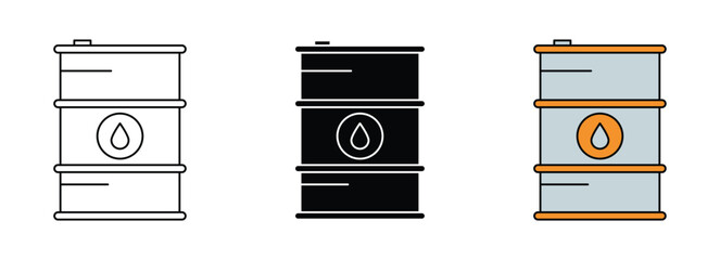 Oil Barrel Icon Set — Outline, Solid, and Color Style Industrial Petroleum Drum Vector Illustration