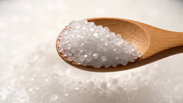 Wooden Spoon Filled with Sparkling White Sugar Crystals Close Up