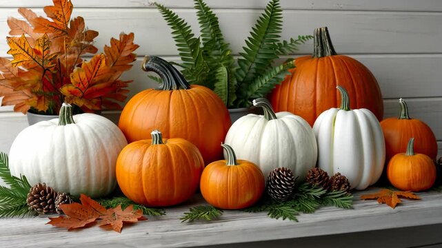A beautiful arrangement of orange and white pumpkins with fall leaves and pinecones creates a warm autumn atmosphere