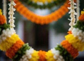 vibrant toran garland of marigold and jasmine flowers hanging as festive decoration. blurred background creates beautiful bokeh frame with copyspace. indian celebration.