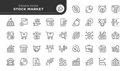 Stock market line icon set. Finance, investment, profit, trading, bear, bull, shareholder, exchange, market analysis and more. Outline icon in linear style. Vector collection.	
