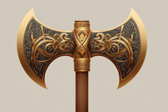 Ornate golden double bladed axe with intricate knotwork pattern.