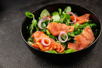 Salmon salad appetizer seafood fresh fish second course portion size natural product tasty snack fresh delicious gourmet food background on the table rustic top view copy space pescetarian diet