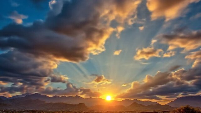 Dramatic sunset with mountain silhouettes and dynamic cloud formations