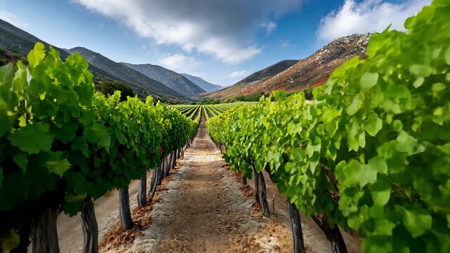 Rows of healthy green vines stretch across the landscape, with mountains and a bright sky visible in the background
