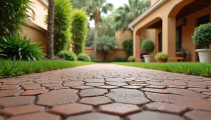 Fototapeta premium Patterned ground path in garden on residential area. Lawn and trees are near walkway. Hexagonal paving stones at yard. Decorative exterior surface with design and garden plant.