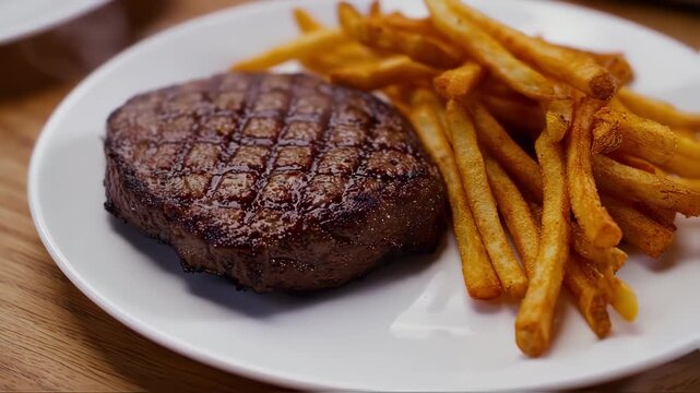 A grilled steak with a diamond pattern sits on a white plate beside a pile of golden french fries