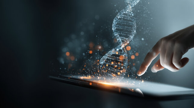 Cozy illustration of human DNA model with digital analysis in healthcare technology