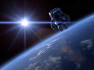 Astronaut floating in cosmos space exploring earth orbit. Science and technology concept