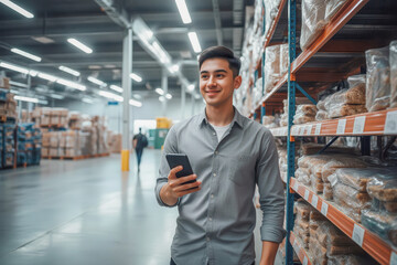 Smiling man using phone in warehouse inventory with stock shelf in background
