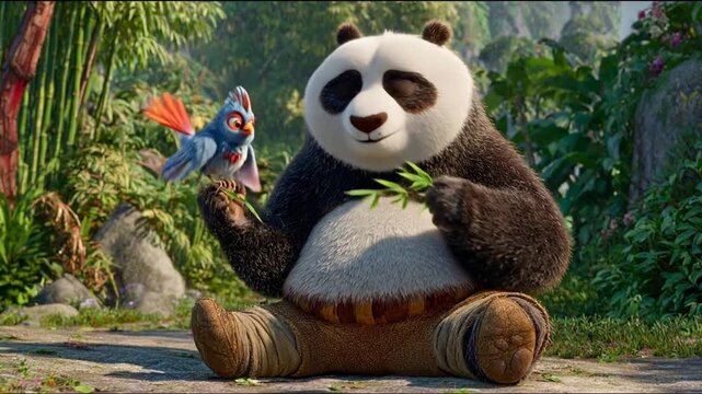 Animated panda and bird in forest scene illustration for commercial use